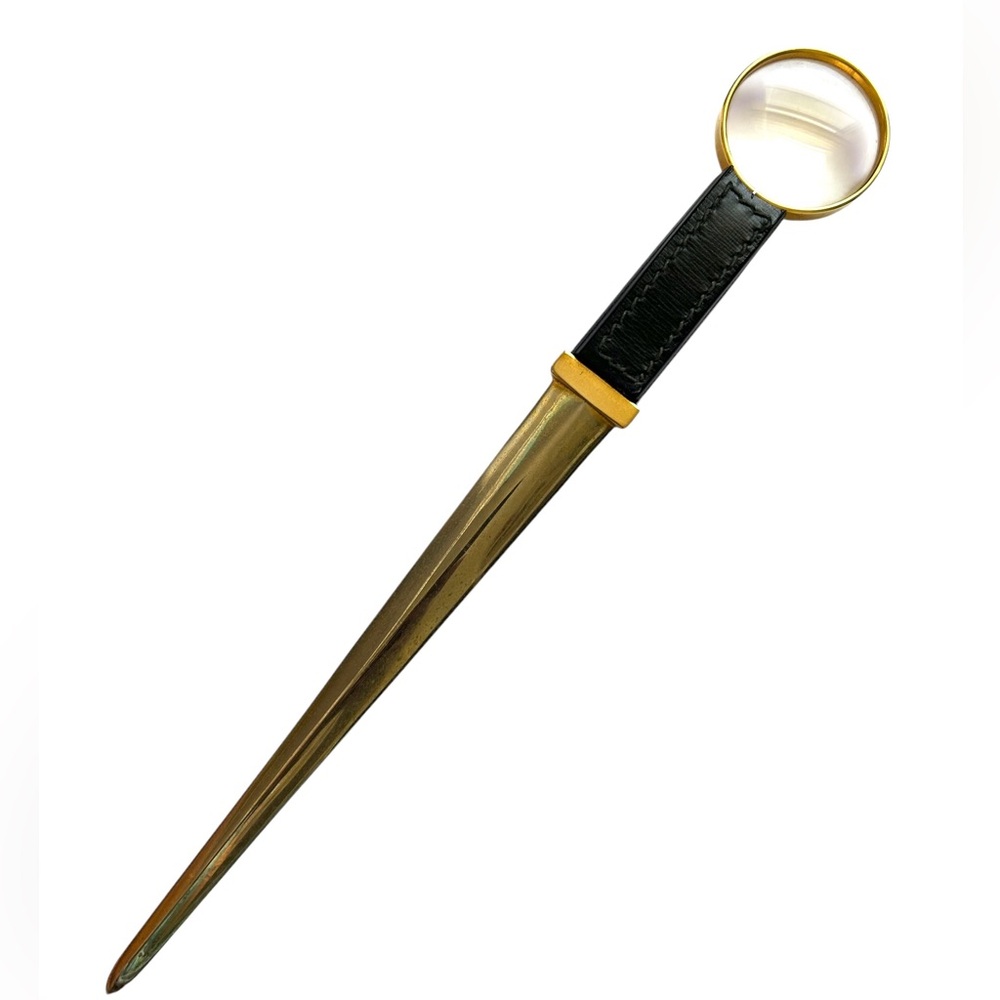 Vtg GUCCI Letter Opener & Magnifier Leather Gold Tone Desk Office Decor